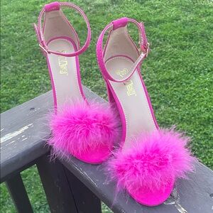 Brash Fuchsia Feather Ankle-Strap Heels - Women